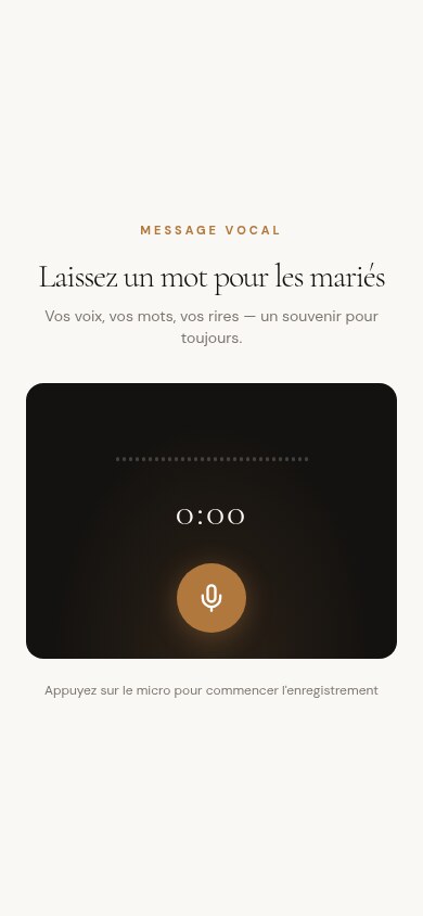 Interface d'enregistrement de messages vocaux sur smartphone, ondes sonores des dédicaces audio laissées par les invités