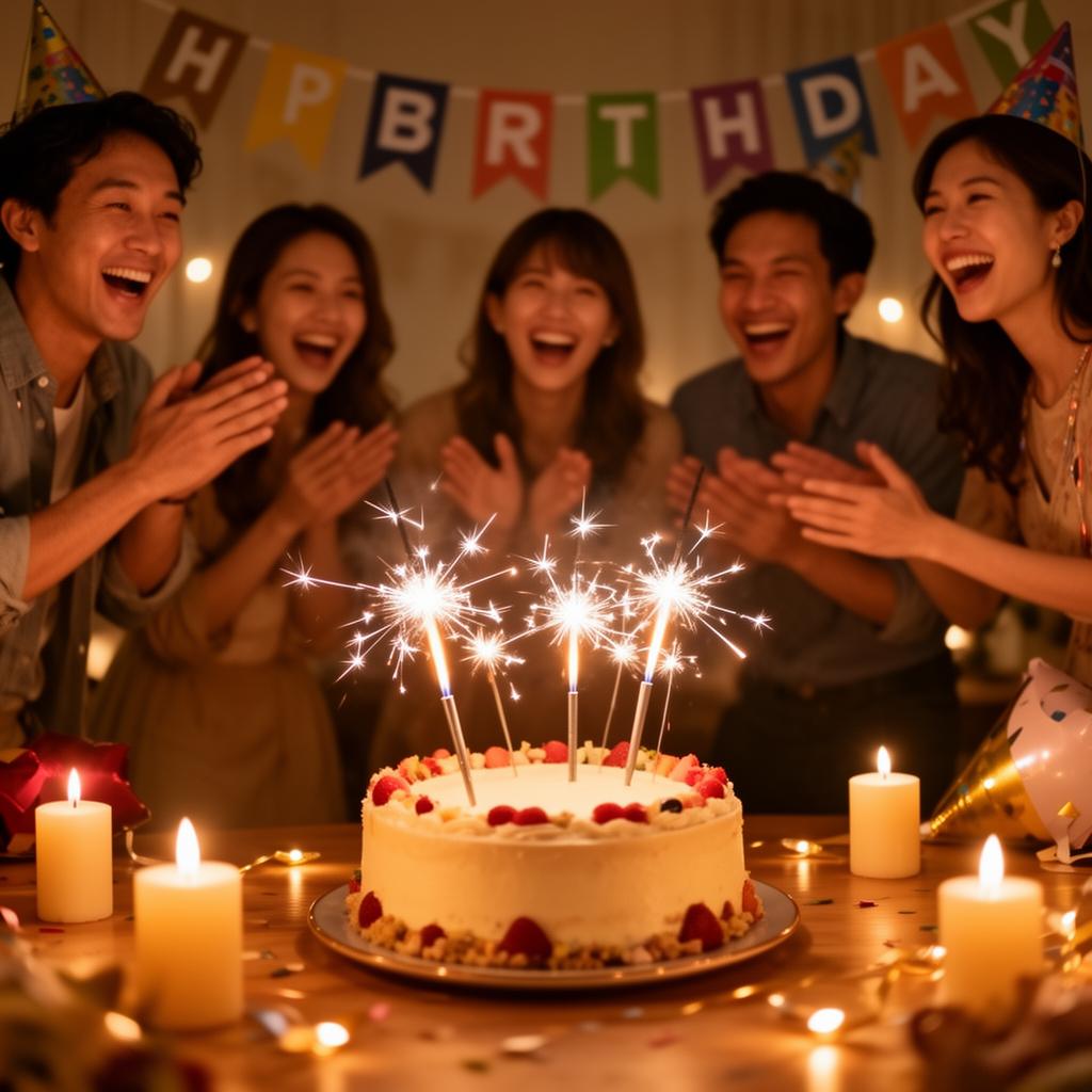 Gâteau d'anniversaire avec bougies lors d'une fête conviviale, souvenirs partagés par les invités