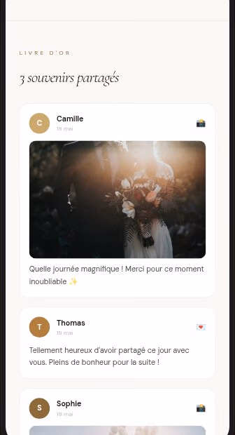 Album photo collaboratif d'un événement affiché sur smartphone, mosaïque de photos partagées par les invités en temps réel