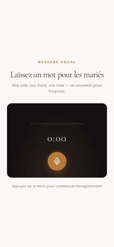 Interface d'enregistrement de messages vocaux sur smartphone, ondes sonores des dédicaces audio laissées par les invités
