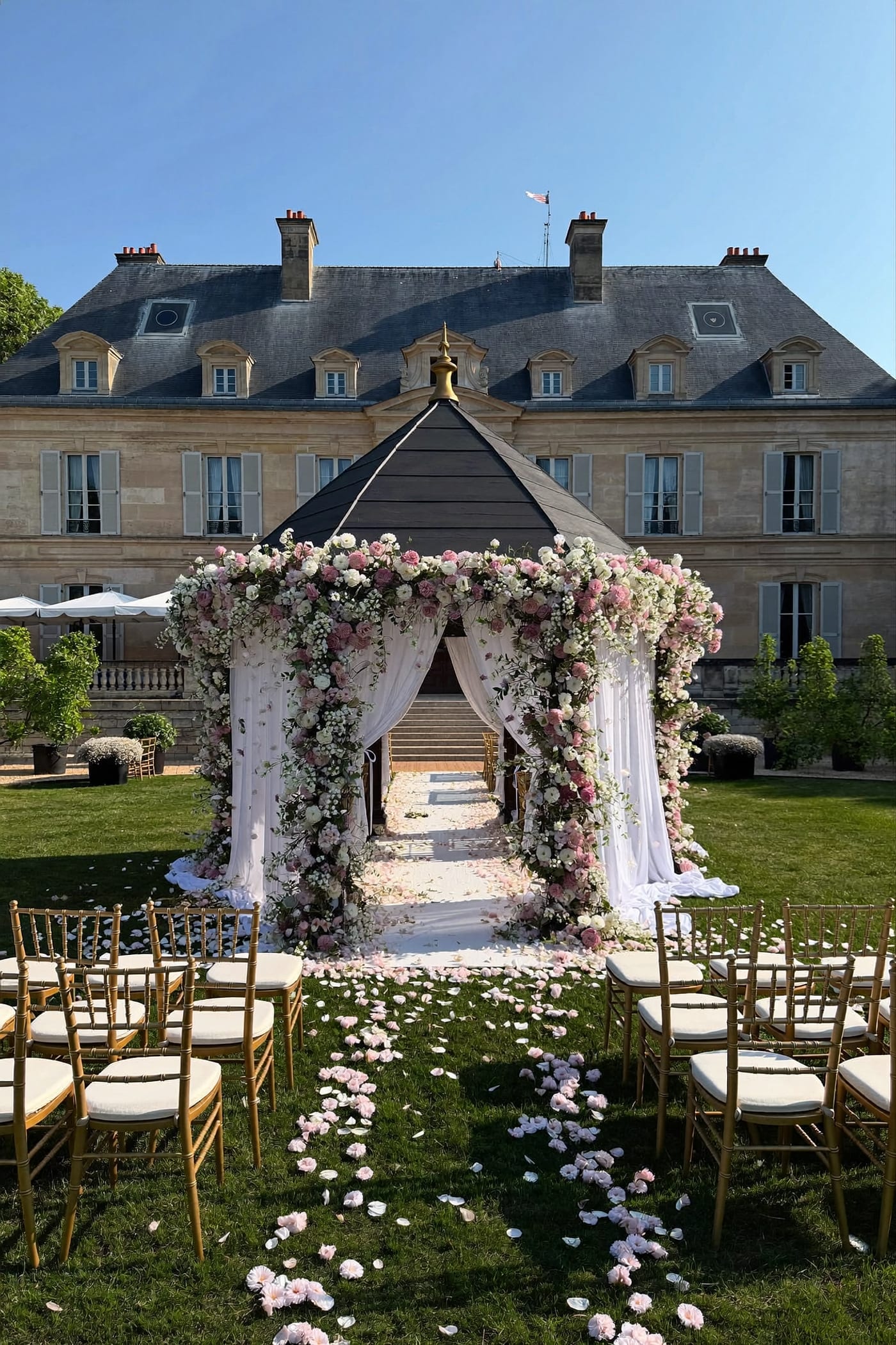 Kiosque de cérémonie fleuri dans le parc d'un domaine